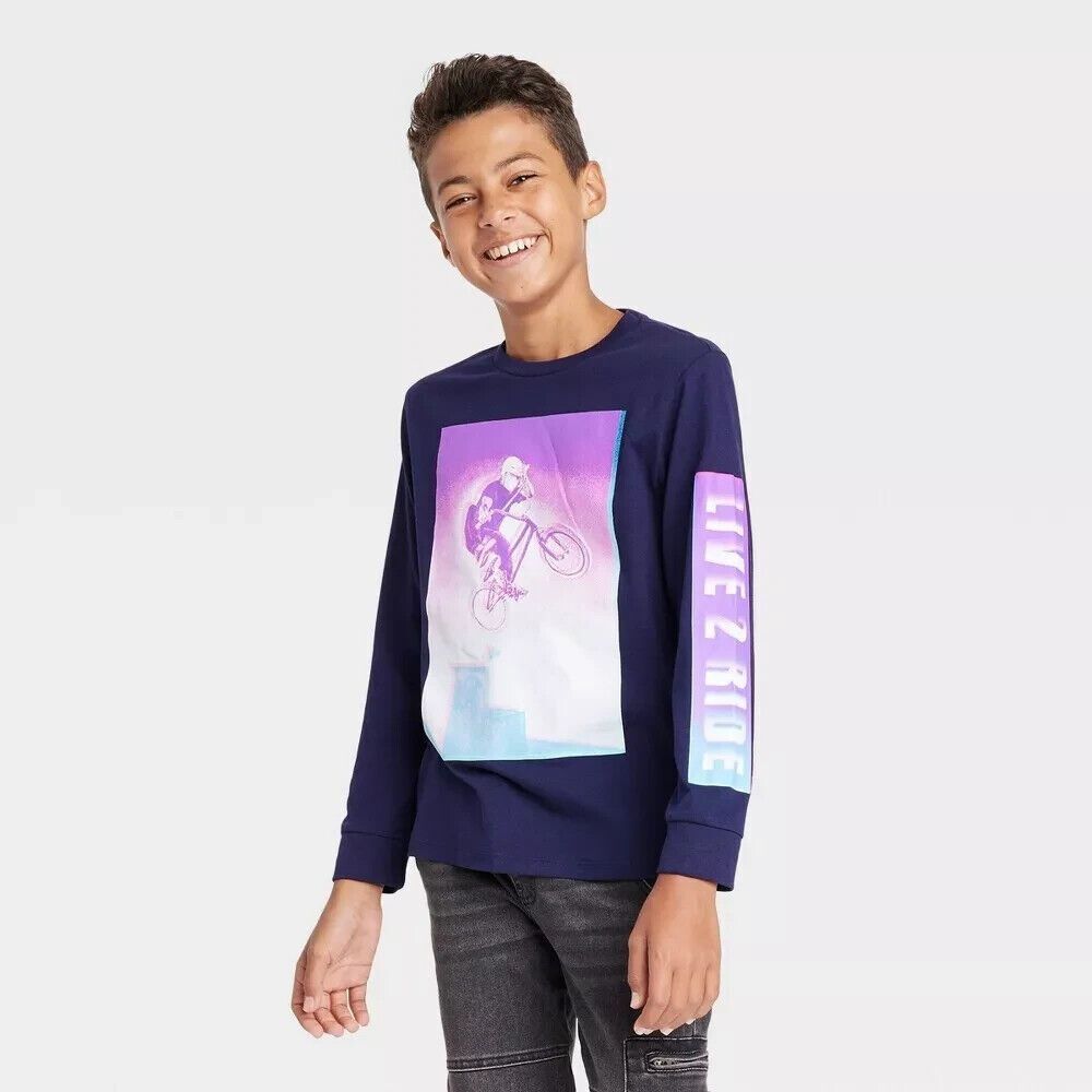 Art Class Boys Live 2 Ride Long Sleeve Graphic T-Shirt Navy Blue Size XS 4/5 NWT